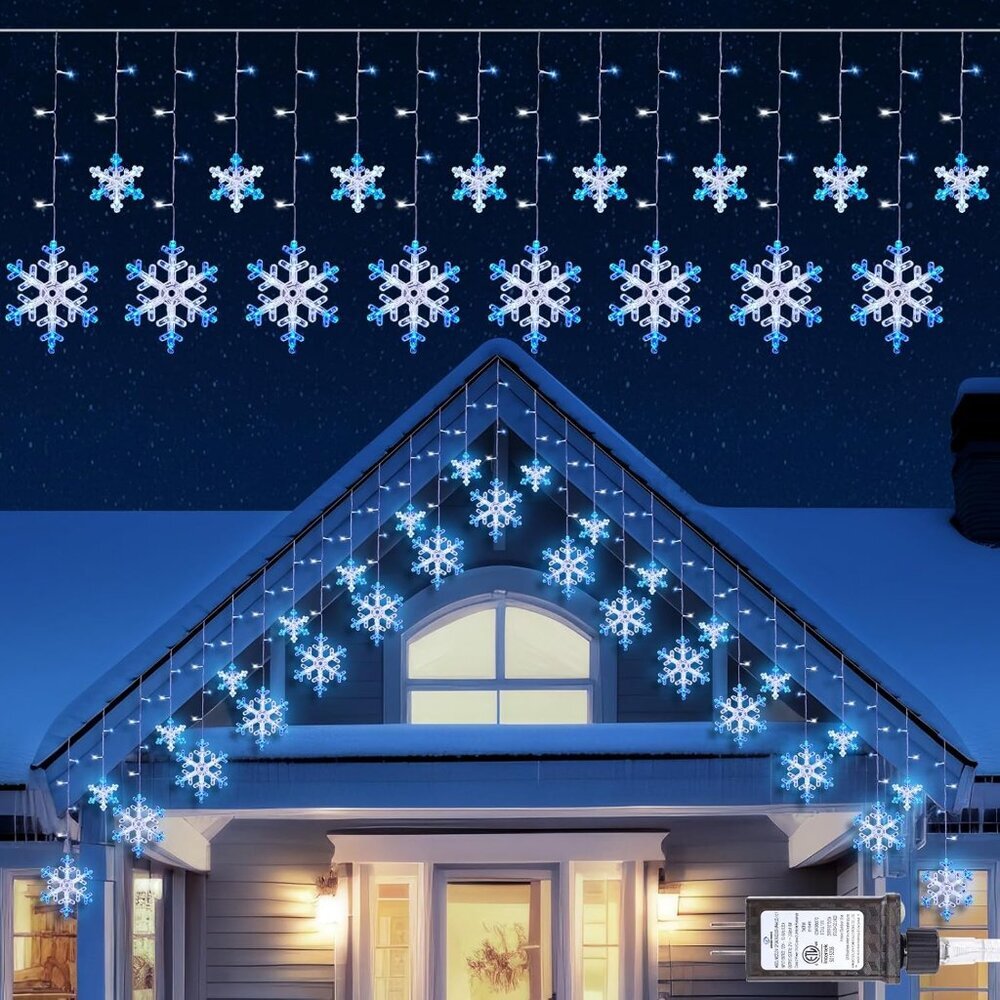 Christmas Snowflake Lights - 13ft 192LED Snowflake Icicle Lights with 16 Drops,
